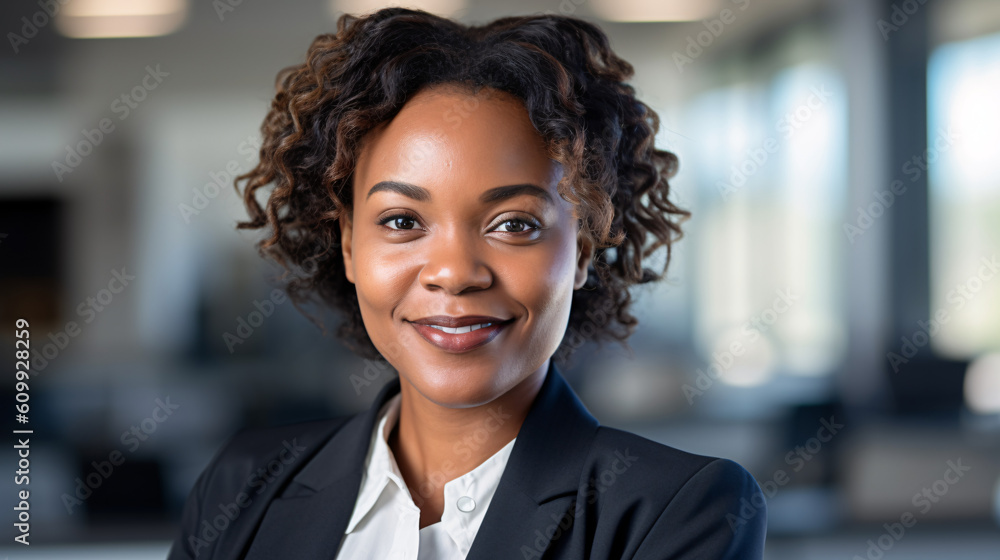 Empowered Elegance: Confident Black Businesswoman Smiling againstt a Blurred Office Background Empowered Elegance: Confident Black Businesswoman Smiling againstt a Blurred Office Background