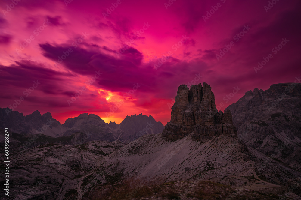 Thunder storm atmosphere viewed from Sextner Stein on Toblinger Knoten mountain range in the evening. Tre Cime, Dolomites, South Tirol, Italy, Europe.