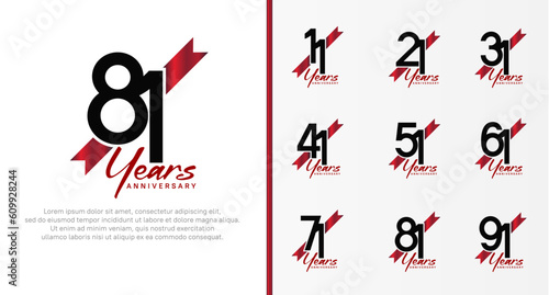 set of anniversary logo black color number and red ribbon on white background for celebration