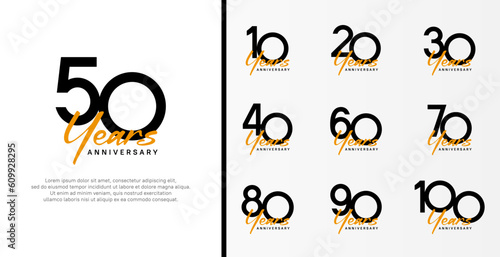 set of anniversary logo flat black color number and orange text on white background for celebration