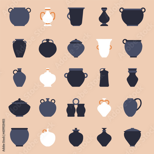 Vector flat illustration. Handmade ceramic pots, vases, jugs, jars. Pottery logo design elements. Smoked ceramics. Clay products in traditional style