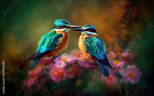 Two birds on a branch in the garden. Generative AI. © hugo