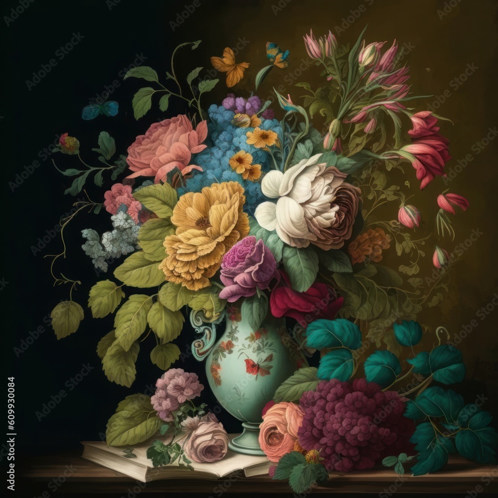 Wallpaper of a bouquet of roses and flowers in bright colors, a vintage drawing of a still life, Generative ai