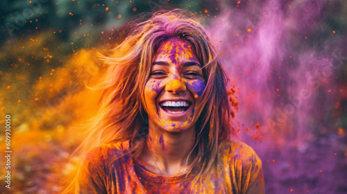 Dynamic Festival Exuberance  Joyful Woman Adorned with Colorful Pigment Powder