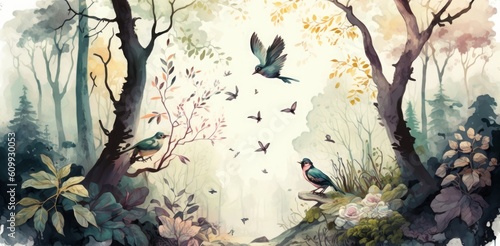 Watercolor painting, high quality, of a forest landscape with birds, butterflies and trees, Generative ai