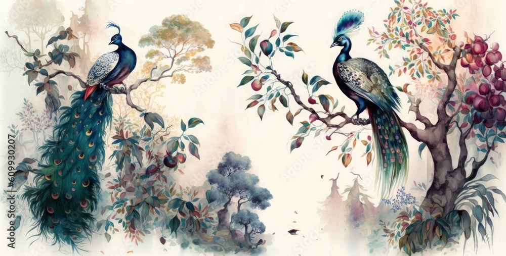 watercolor painting of a forest landscape with peacock birds, butterflies and trees, Generative ai