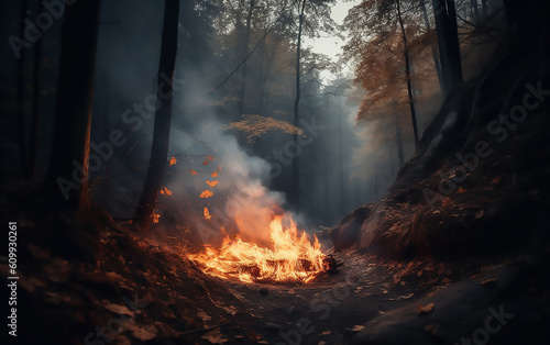 Fire in the forest. Generative AI technology.