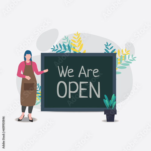 We are open. Welcoming customer about opening cafe or restaurant design vector illustration