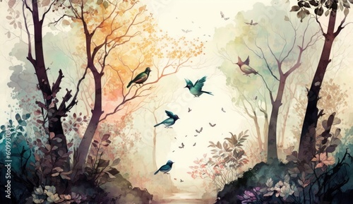 watercolor painting of high quality forest landscape with birds, butterflies and trees, Generative ai © MG