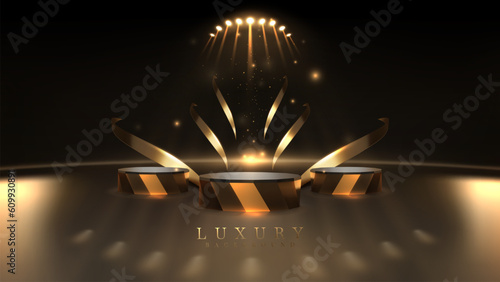 Gold podium empty on dark scene with ribbon element for products presentation and spotlight effect and beam decoration and bokeh. Luxury award ceremony background.