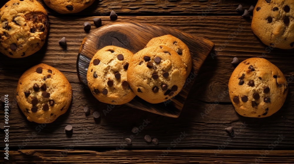 The aerial view of scrumptious Chocolate Chip Cookies arranged on a rustic wooden table. Generative AI The aerial view of scrumptious Chocolate Chip Cookies arranged on a rustic wooden table. Generative AI