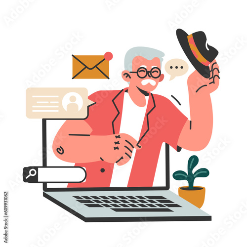 Modern old male character using internet, mobile phone and computer