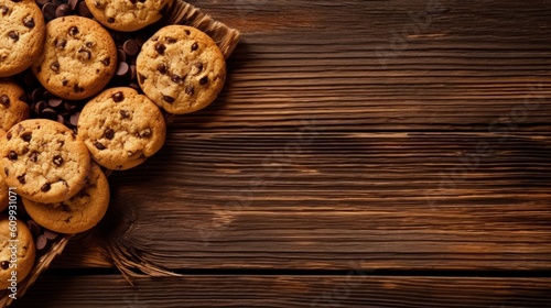 The aerial view of scrumptious Chocolate Chip Cookies arranged on a rustic wooden table. Generative AI