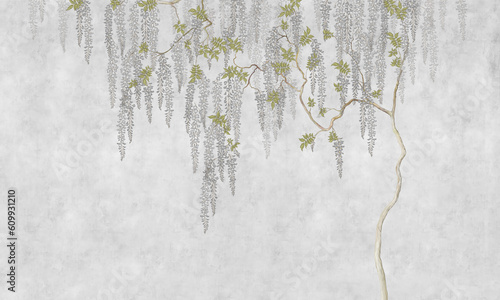 Floral wallpaper with leaves and flowers. Design for loft, modern interiors. photo