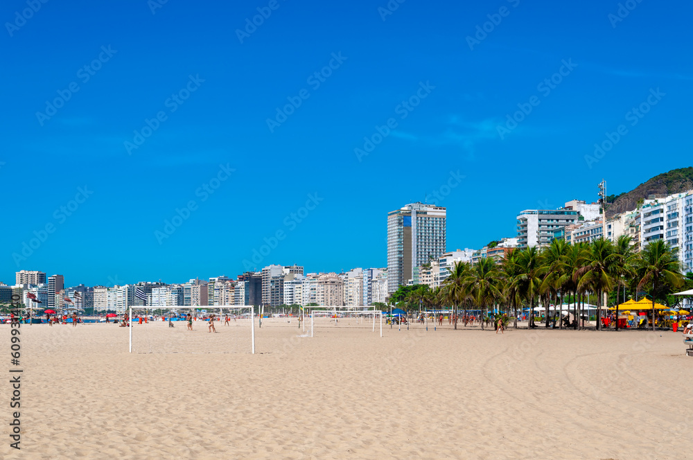 Kiosks on Copacabana beach in Rio de Janeiro, Brazil. Copacabana beach is the most famous beach in Rio de Janeiro. Sunny cityscape of Rio de Janeiro Kiosks on Copacabana beach in Rio de Janeiro, Brazil. Copacabana beach is the most famous beach in Rio de Janeiro. Sunny cityscape of Rio de Janeiro