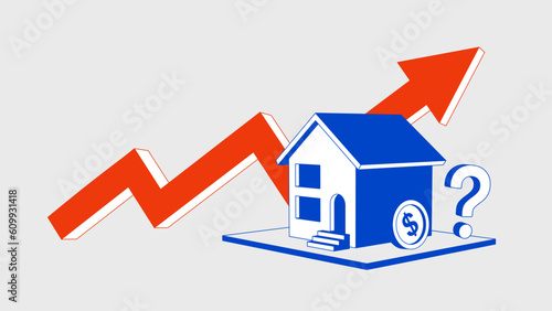 Red up arrow and housing price rising up. Concept illustration real estate investment or property growth. Vector