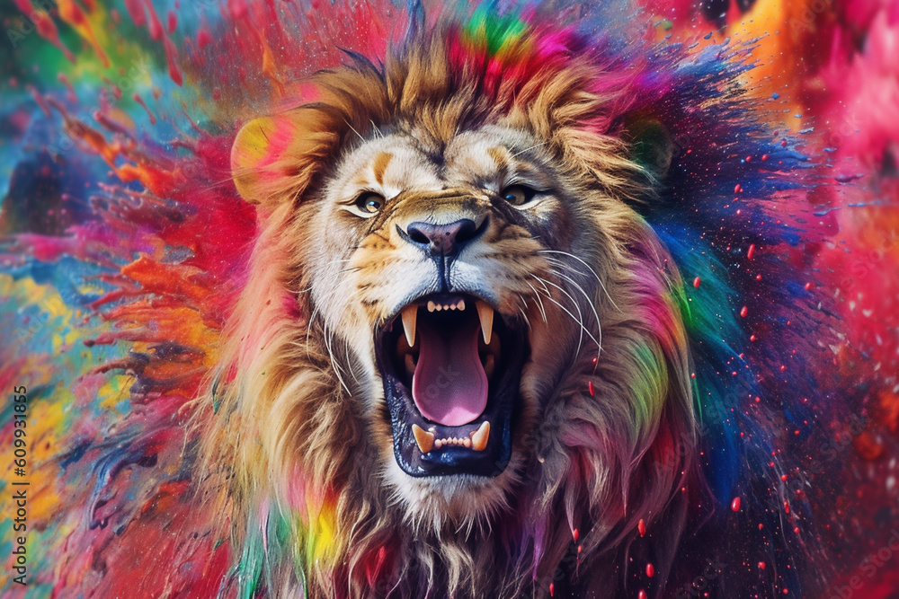 Fototapeta An vibrant photograph of a Lion splashed in bright paint, contemporary colors and mood social background.  Generative AI technology.