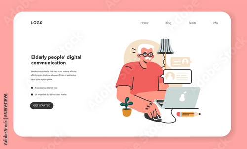 Modern old male character using internet and laptop computer