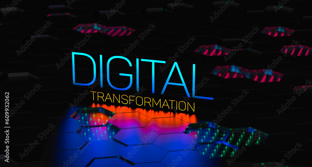 DIGITAL TRANSFORMATION text concept neon glowing in blur. Application of digital transformation in business, word, banner. 3D render.