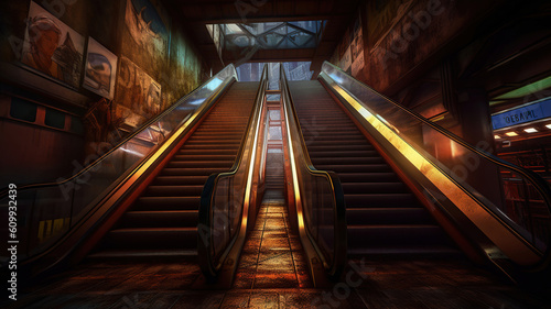escalator at the bottom of a set of stairs, in an abandoned theme park. Generative Ai photo