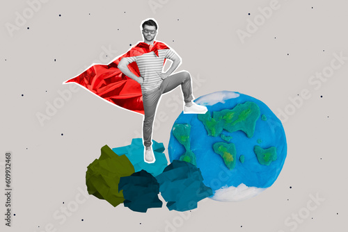 Banner collage illustration of young superhero wear red cape face mask plasticine earth planet sort garbage isolated on grey background photo