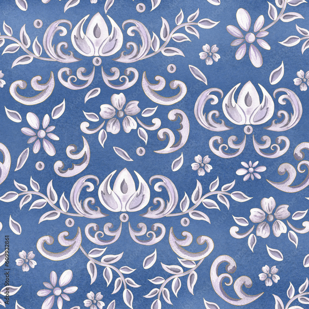 Hand-drawn watercolor illustration. Seamless damask pattern on watercolor background. Can be used for textile, printing or other design. Floral pattern. Hand-drawn watercolor illustration. Seamless damask pattern on watercolor background. Can be used for textile, printing or other design. Floral pattern.
