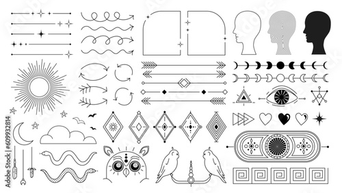Set of different tattoo in mystic and y2k style. Graphic line element design with frames, human head, astrology elements, owls and snakes. Old school vector tattoo.