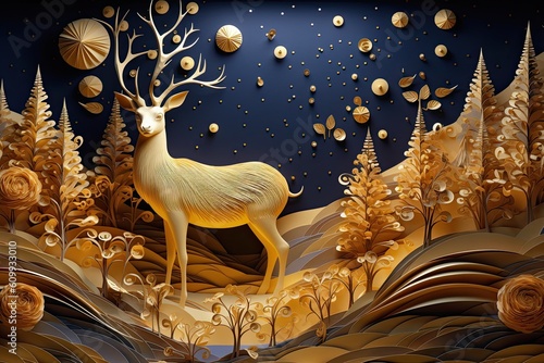 Deer with the Christmas 4d paper forest and deer wall in the night with stars © EnelEva