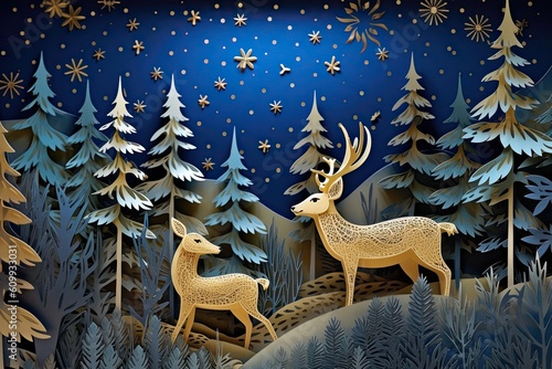 Deer with the Christmas 4d paper forest and deer wall in the night with stars © EnelEva