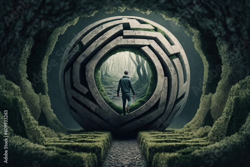 man lost in a complex labyrinth, surreal abstract concept, moss covered stone, Generative ai
