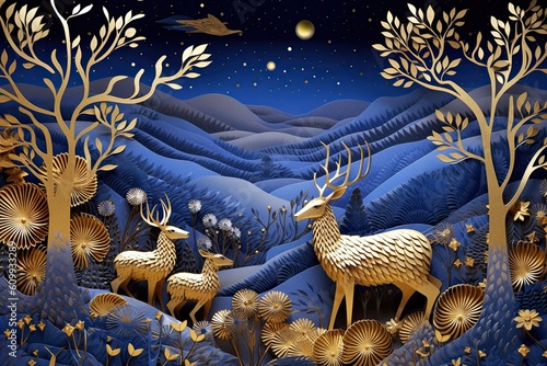 Deer with the Christmas 4d paper forest and deer wall in the night with stars © EnelEva