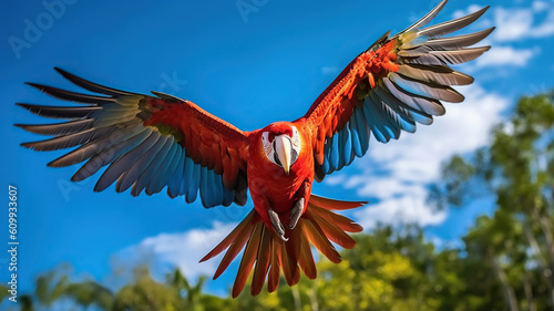 Scarlet macaw parrot open wings flying birds vivid color red body. Generative Ai © PRI