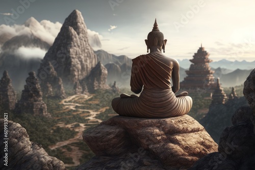 Meditating Buddha sitting backwards, beautiful landscape with mountains and clouds in the background, Generative ai