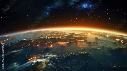 View of stars and milkyway above Earth from space. Beautiful space view of the Earth with cloud formation. Generative Ai