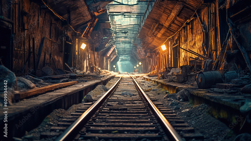 train track in a tunnel. Generative Ai train track in a tunnel. Generative Ai