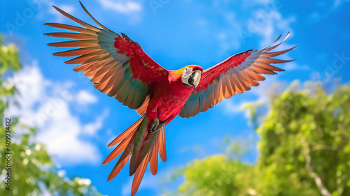 Scarlet macaw parrot open wings flying birds vivid color red body. Generative Ai © PRI