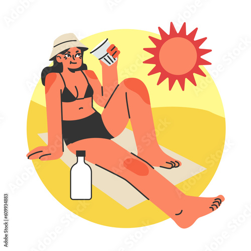 Girl drinking water at beach. Young female character wearing a bikini