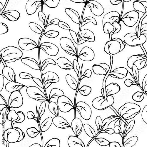 Eucalyptus leaves black and white seamless pattern for surface design  for textile paper or wallpaper  vector background