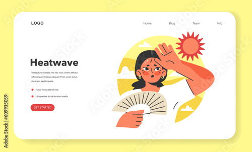 Heat wave web banner or landing page. Female character suffering