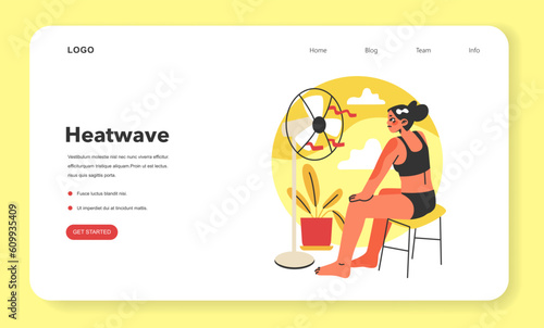 Heat wave web banner or landing page. Female character suffering