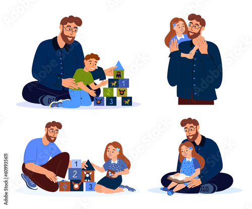 Set of Father and Child activities.Happy Smiling Dad Playing with Kid.Father,Dad Spend time with Kids, Girls and Son.Father in Decree with Children.Have Fun Together.Flat Vector Illustration Isolated photo