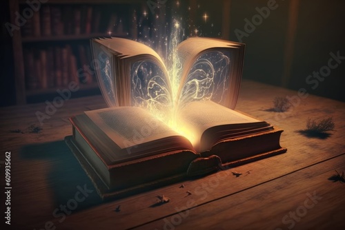Old magic book on wooden table with light rays coming out form the inside, Generative ai