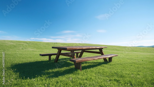 Picnic table on a green meadow  in blue sky. Generative Ai