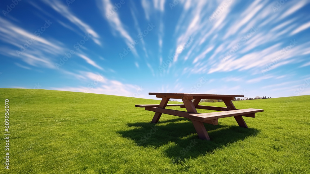 Picnic table on a green meadow in blue sky. Generative Ai Picnic table on a green meadow in blue sky. Generative Ai