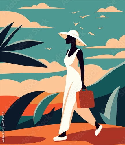 Vector illustration flat style Young African American woman in a hat walks on vacation at sea in the tropics palm trees seagulls bright style fashion style