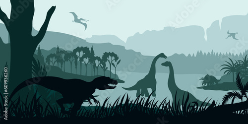 Prehistoric landscape with dinosaurs. Dino silhouette. Gigantic reptiles scene. Jurassic wildlife background. Ancient forest