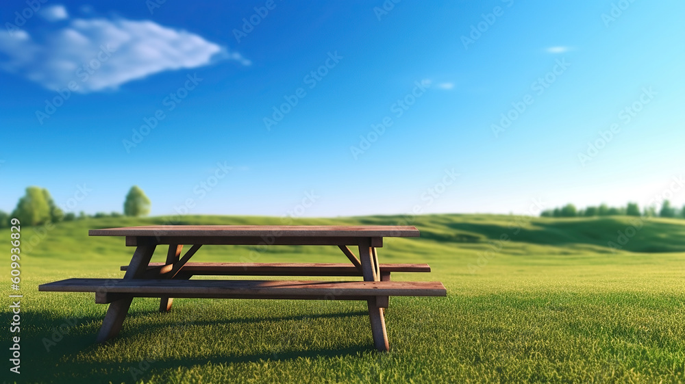 Picnic table on a green meadow in blue sky. Generative Ai Picnic table on a green meadow in blue sky. Generative Ai