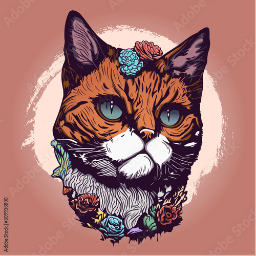 Beautiful Cat and Flower in Summer Autumn Illustration (ID: 609936800)