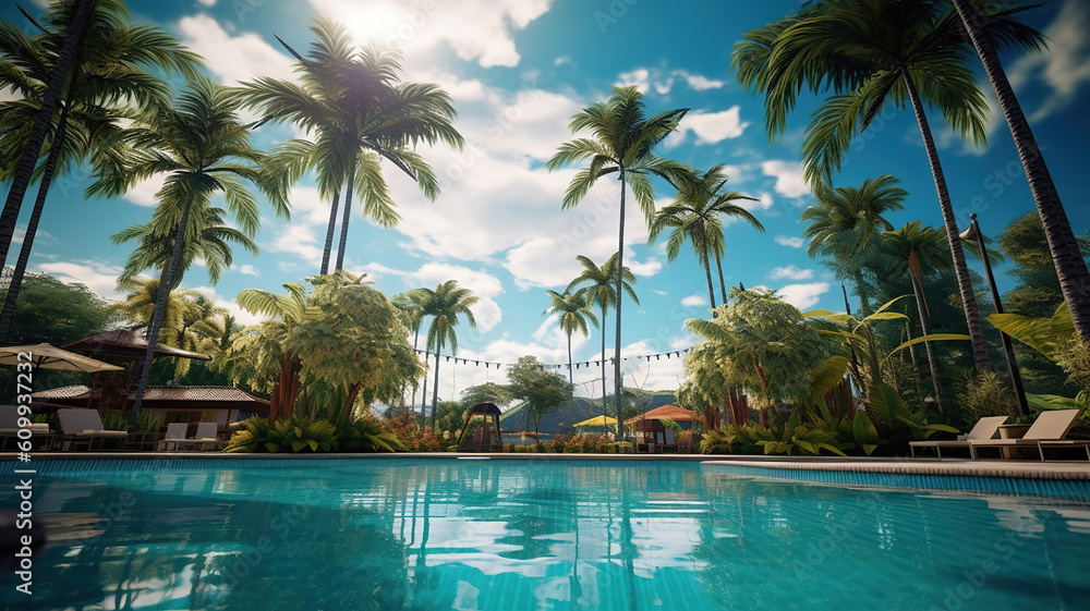swimming pool surrounded with palms looking away while resting on tropical resort against cloudy sky. Generative Ai