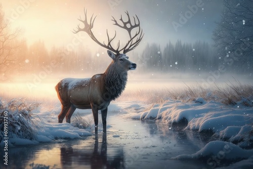 beautiful winter nature, deer, fantasy, wonderful festival, Generative ai © MG